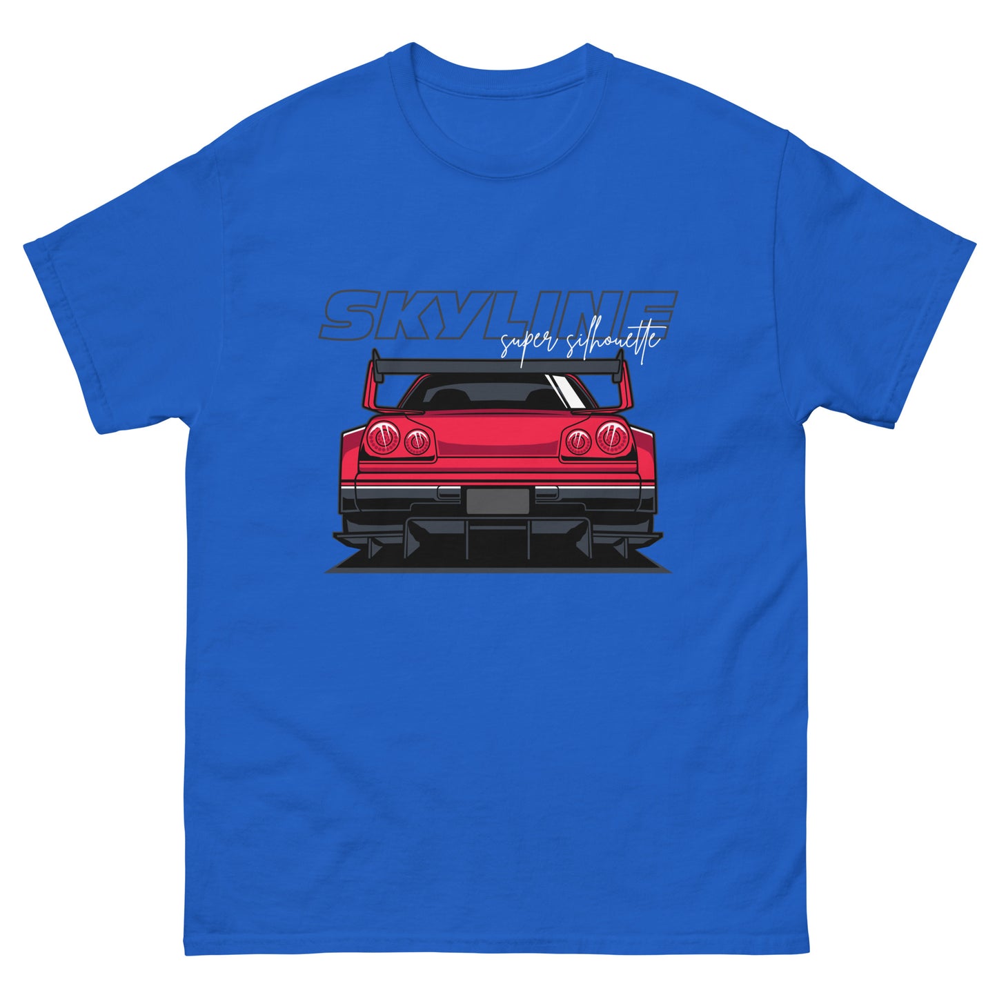 t-shirt with a rear-view graphic of a red Nissan Skyline featuring a large spoiler and detailed taillights. 'SKYLINE' is printed in bold above the car, with 'super silhouette' in cursive below.