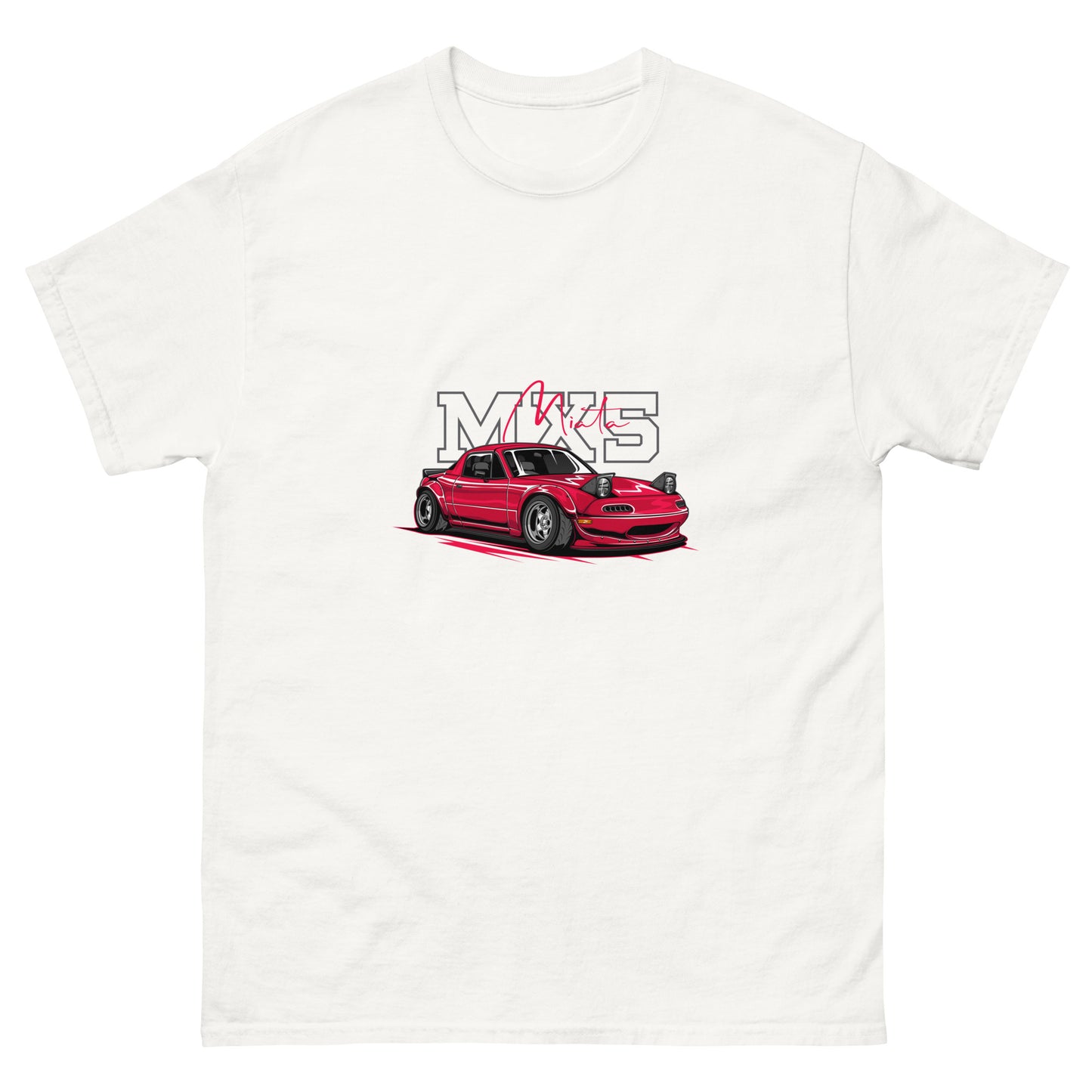 t-shirt featuring a stylized red Mazda MX-5 Miata sports car with pop-up headlights. Behind the car is large 'MX5' text with 'Miata' in red cursive overlaying the 'X'