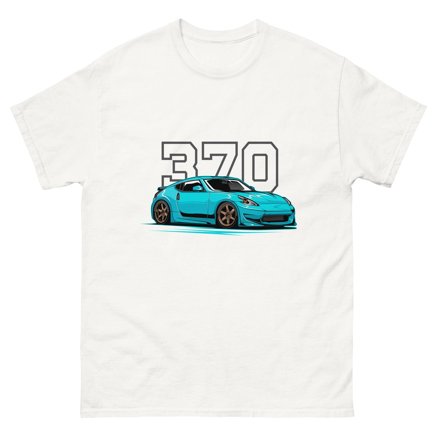 t-shirt featuring a graphic of a bright blue Nissan 370Z sports car with bronze wheels. Behind the car is large, outlined text reading '370
