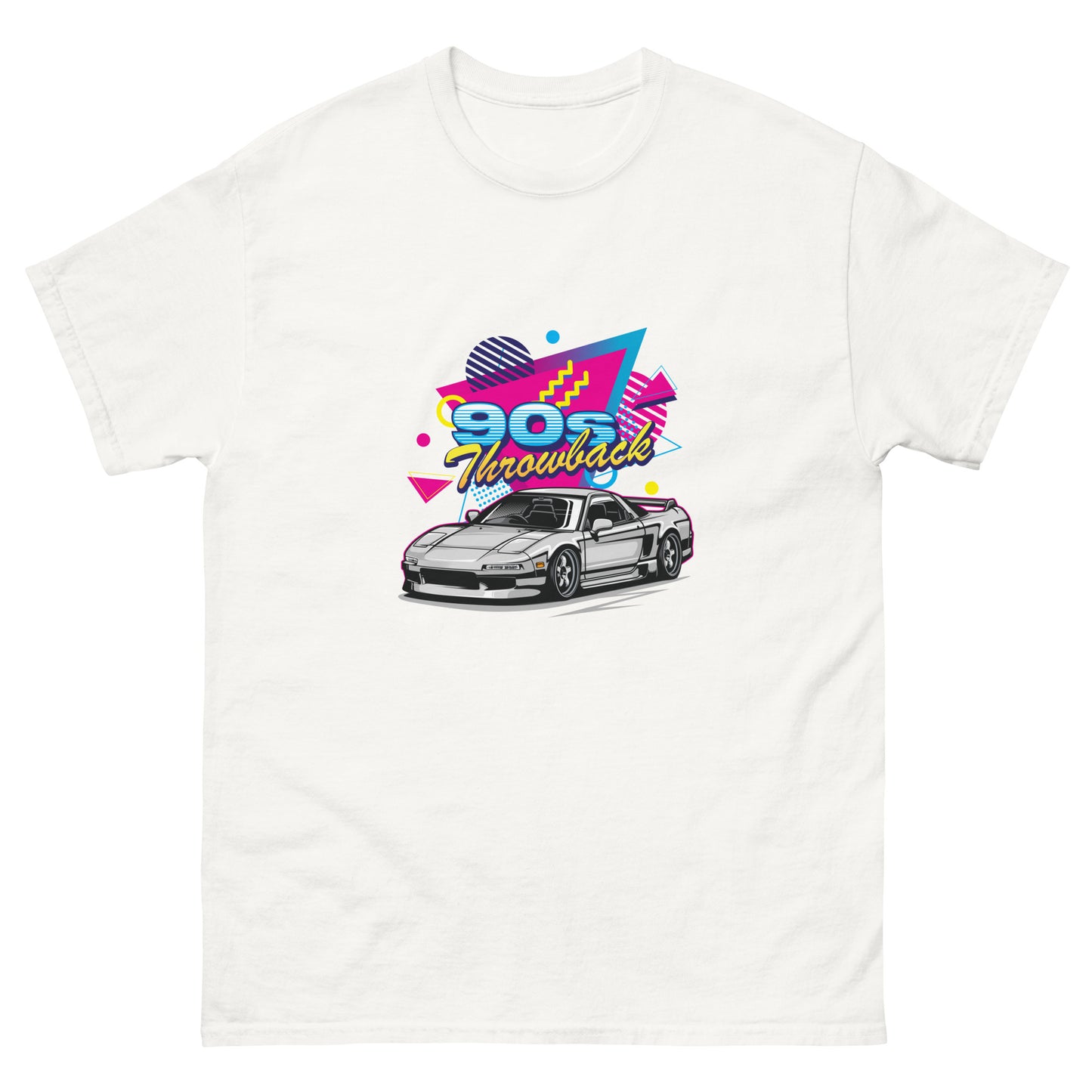 t-shirt featuring a colorful graphic of a silver 1990s sports car with '90s Throwback' text above. '90s' is in bold blue stylized font, 'Throwback' in yellow cursive, surrounded by bright geometric shapes in pink, blue, yellow, and purple.