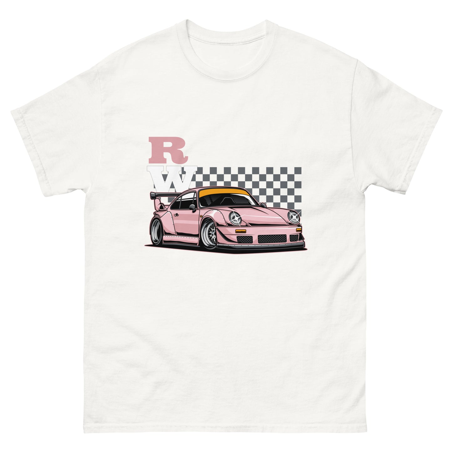 T-shirt – Pink Sports Car 'RW' Graphic with Checkered Background