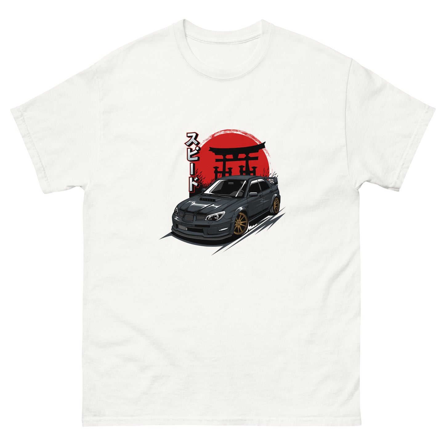 Black classic tee t-shirt with a graphic of a car on the front, predominantly in shades of black and gray with red accents.
