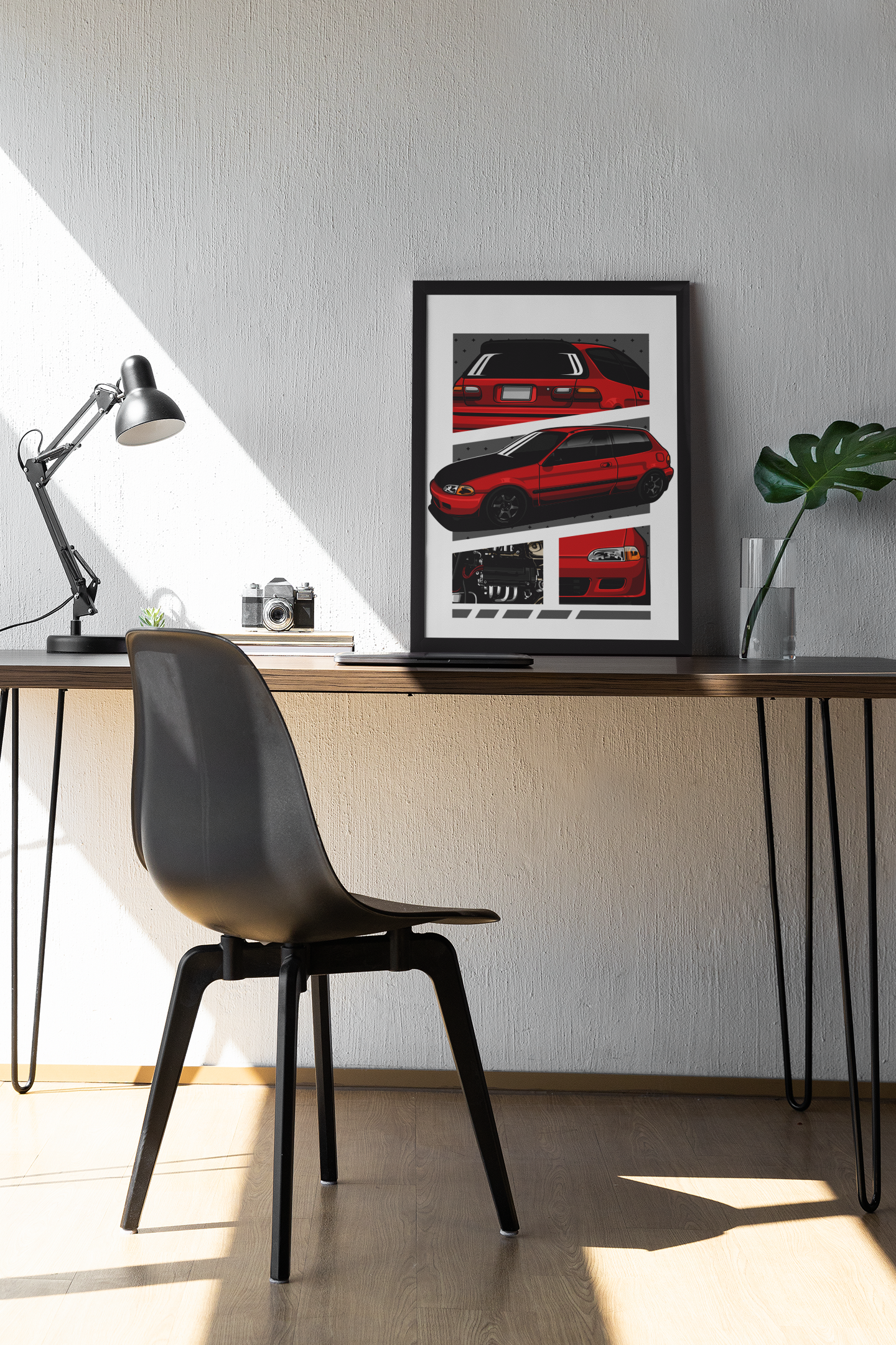 red honda civic eg 1992 wall poster frame on a desktop office