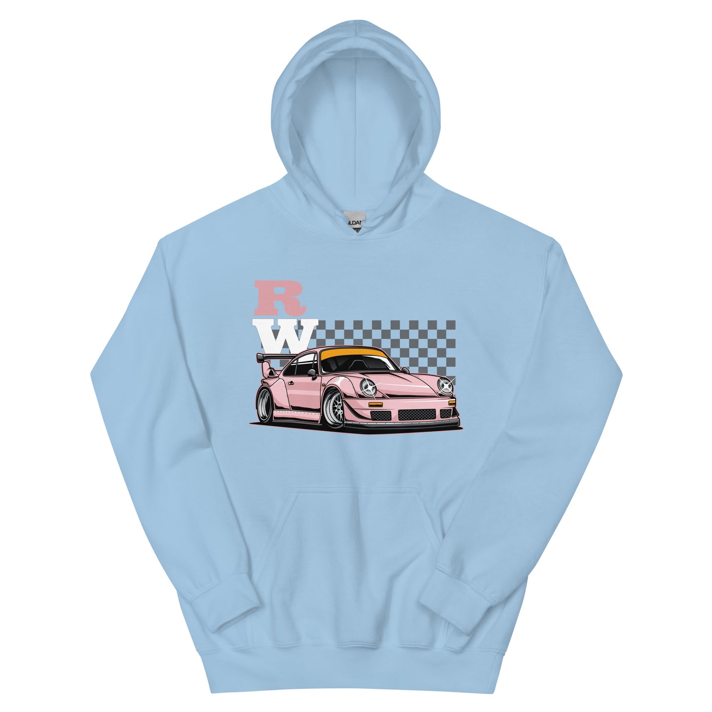 blue hoodie featuring a vibrant graphic of a pink sports car with a yellow windshield, set against a checkered background. Above the car, stylized 'RW' lettering appears with 'R' in pink and 'W' in white. Worn by a model in a beige cap and khaki pants, the hoodie showcases a bold, colorful streetwear design.