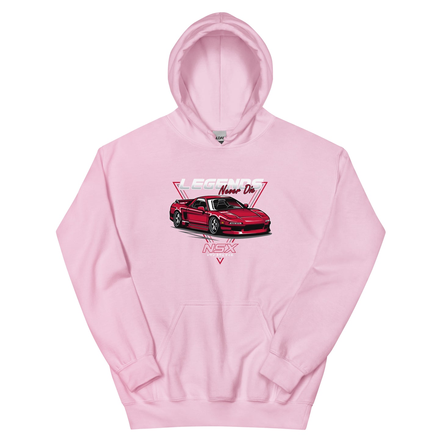 hoodie with a red NSX sports car graphic, featuring 'LEGENDS Never Die' above and 'NSX' below with stylized characters. Red and white design pops against the black fabric