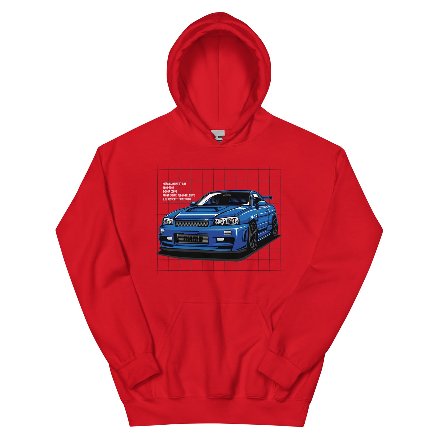 hoodie featuring a graphic of a blue Nissan Skyline GT-R34 set against a grid background. Text beside the car highlights key specs: 'NISSAN SKYLINE GT-R34, 1999–2002, 2-Door Coupe, Front Engine, All-Wheel Drive, 2.6L RB26DETT Twin-Turbo.' A sleek design celebrating one of Japan’s most iconic performance cars.