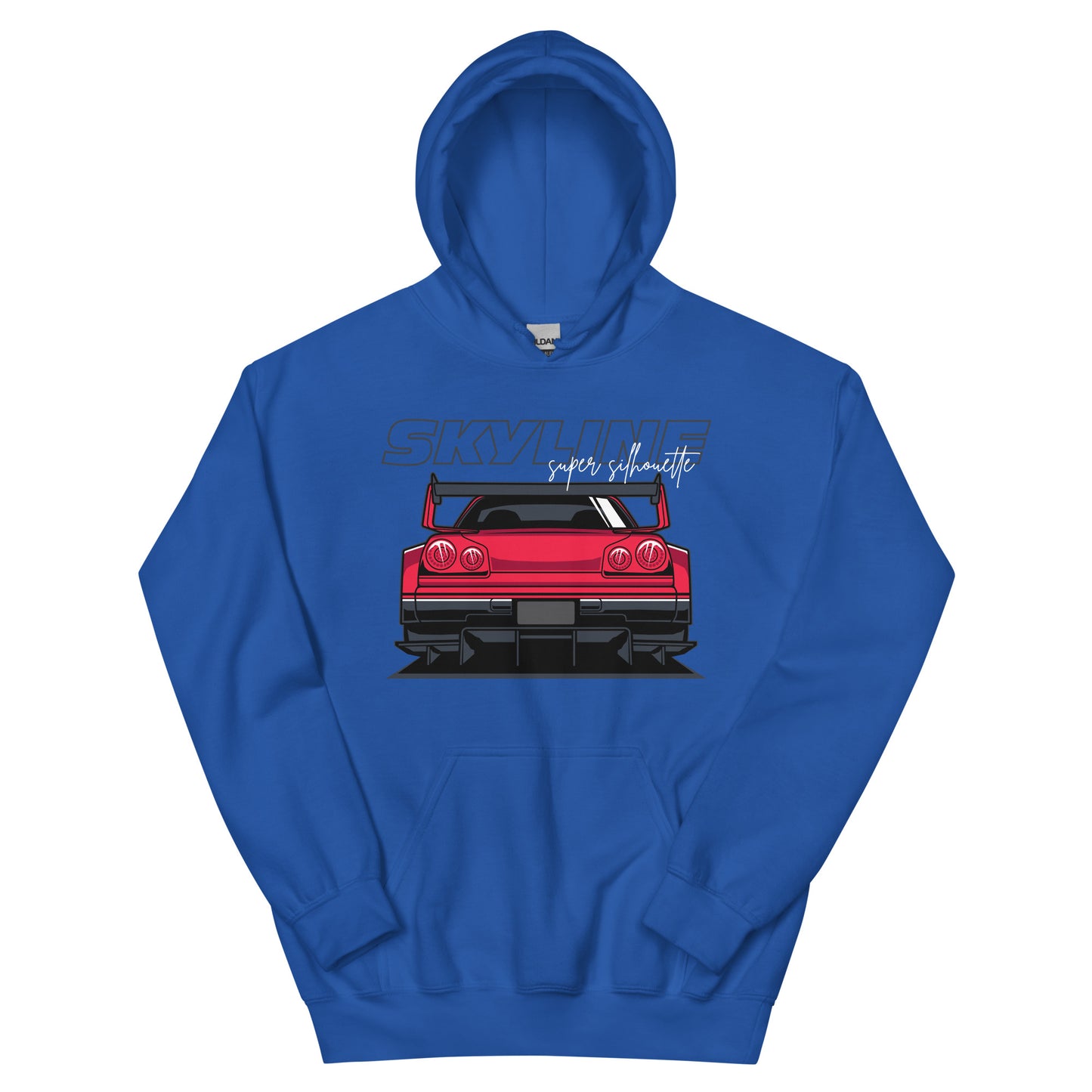 Gildan hoodie featuring a rear-view graphic of a red Nissan Skyline with a large spoiler and round taillights. Bold 'SKYLINE' text appears above the car, with 'super silhouette' in cursive below.