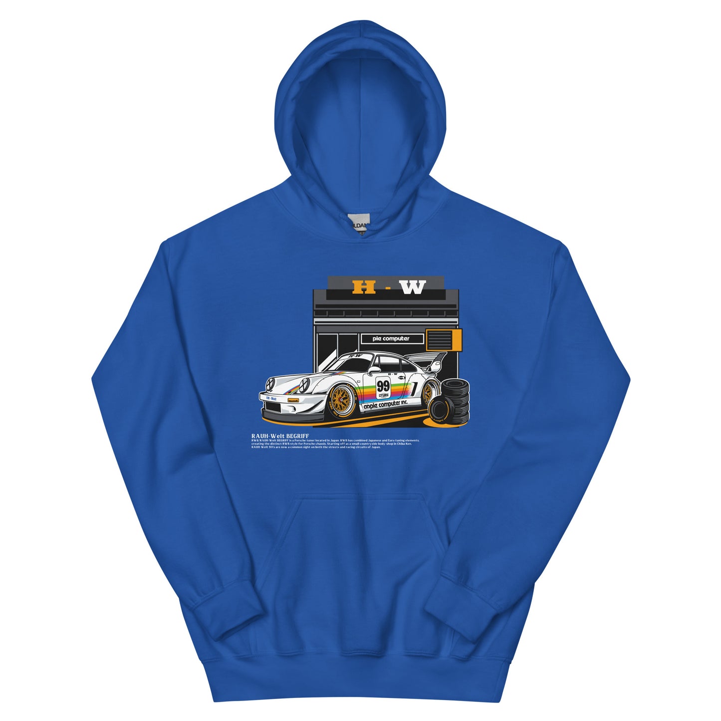 hoodie featuring a graphic of a white sports car with number 99 and colorful stripes, parked beside tire stacks in front of a building labeled 'H-W.' The car displays 'apple computer inc.' on the side, and the building sign reads 'pie computer.' Below the car, the text 'RAUH-Welt BEGRIFF' appears above a paragraph of smaller, partially legible text. A bold, retro-inspired design perfect for fans of racing, streetwear, and automotive culture.