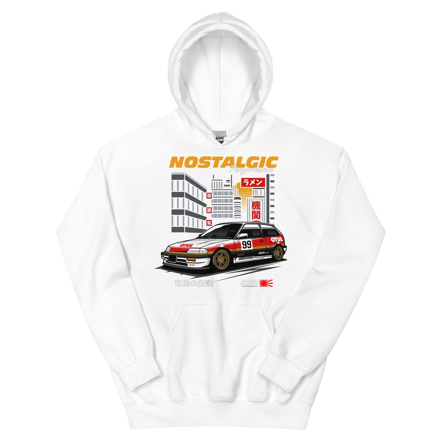 hoodie with a graphic of a stylized car labeled 'OTUL' with gold wheels and number 99, set against a cityscape with Japanese text. Features 'NOSTALGIC Performance' in orange and white, 'JDM Legends' logo with rising sun symbol