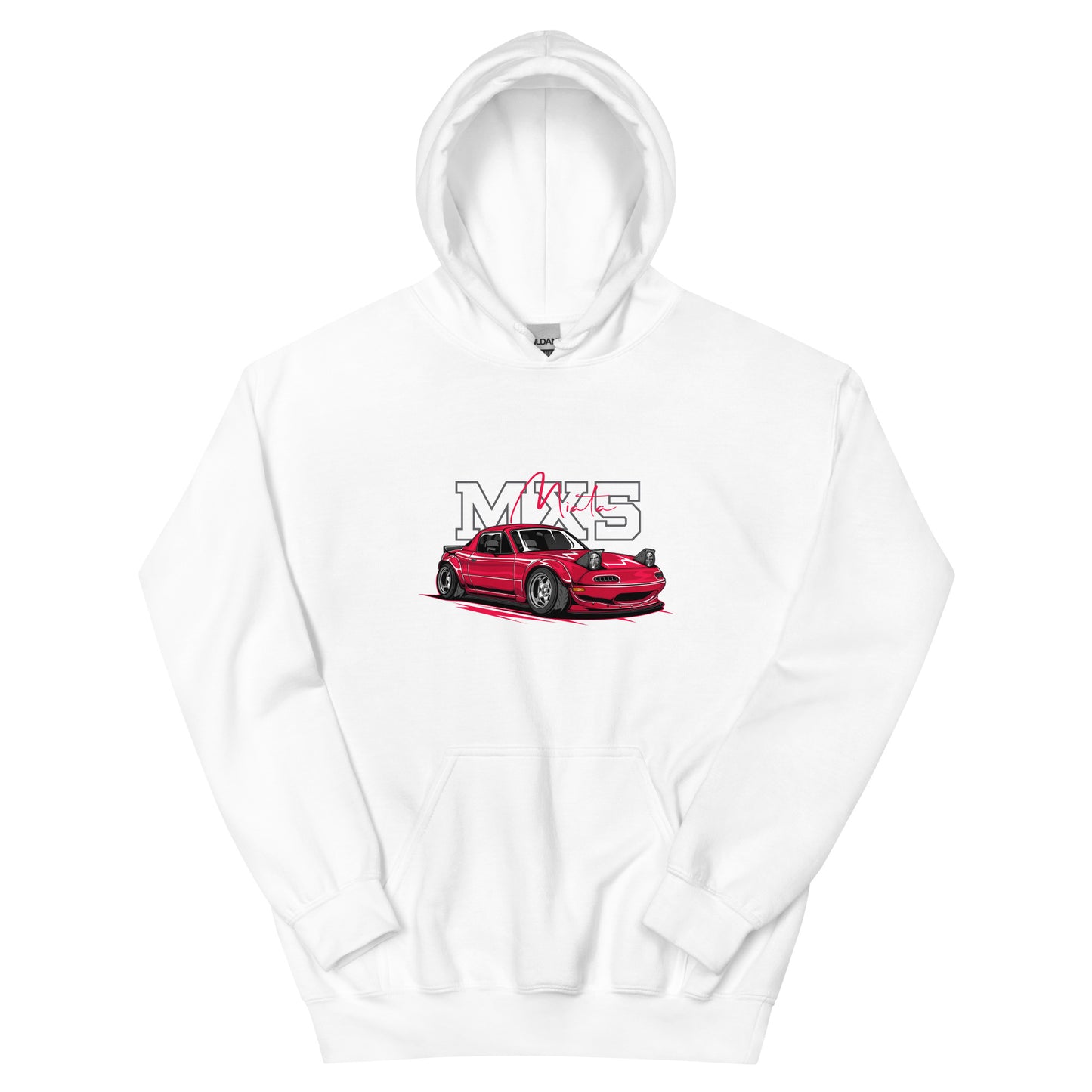 hoodie featuring a graphic of a red Mazda MX-5 Miata sports car with 'MX5' in large letters behind it and 'Miata' in red cursive script above. Includes front pocket and drawstring hood