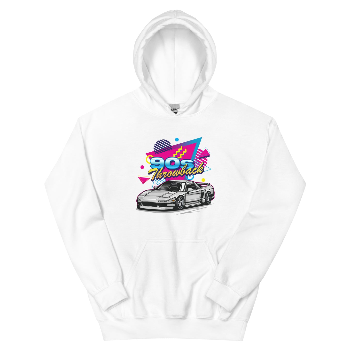 hoodie with a colorful graphic of a retro sports car and '90s Throwback' text. Design includes bright geometric shapes in pink, blue, yellow, and purple, evoking a nostalgic 1990s aesthetic.