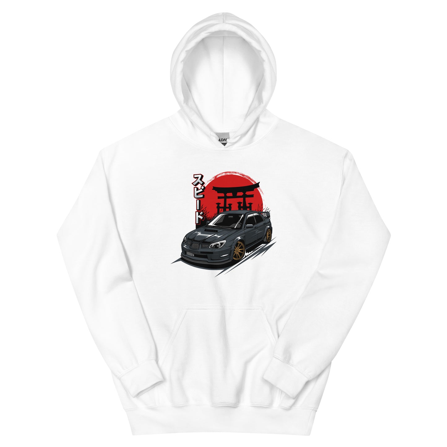 White hoodie with a front graphic of a black car with gold rims, set against a red circle featuring a silhouette of a Japanese torii gate. Japanese text on the left side of the design translates to 'speed.' A bold fusion of streetwear and Japanese-inspired automotive art.