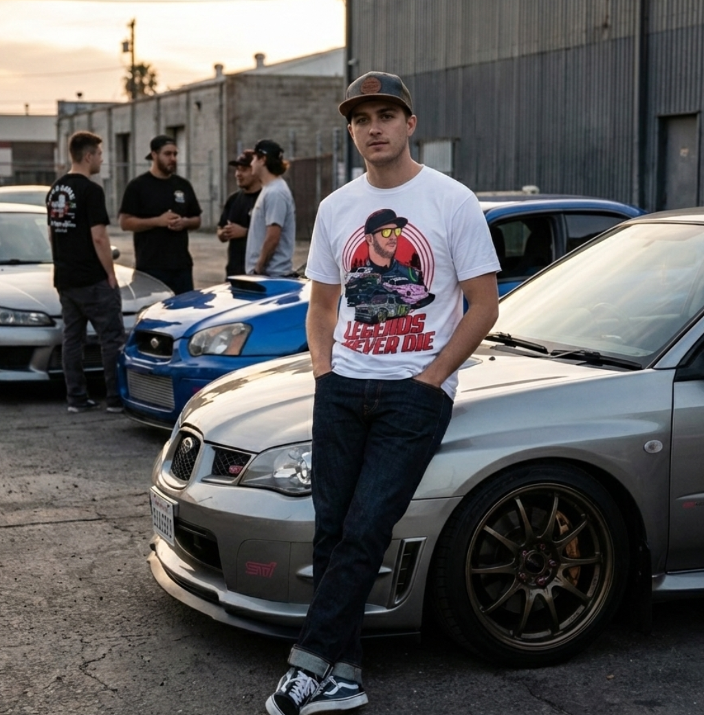 Man standing next to a silver car with other cars and people in the background