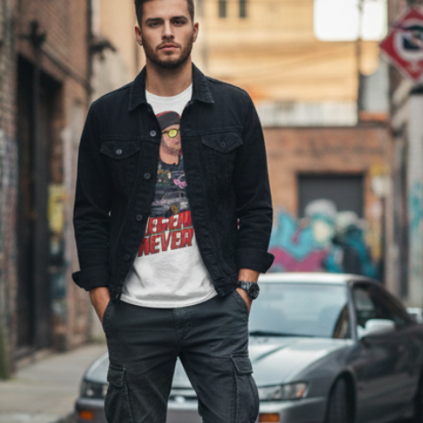 Collage of a man in various settings, including a street, garage, and car show.